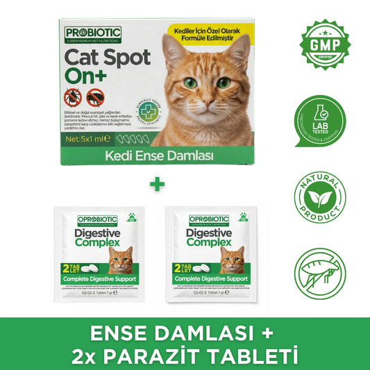 Parazit Seti Kedi İç Dış Parazit Tüm Kediler Için Bitkisel Kedi Ense Deri Damlası ve 2 Paket Parazit Tableti