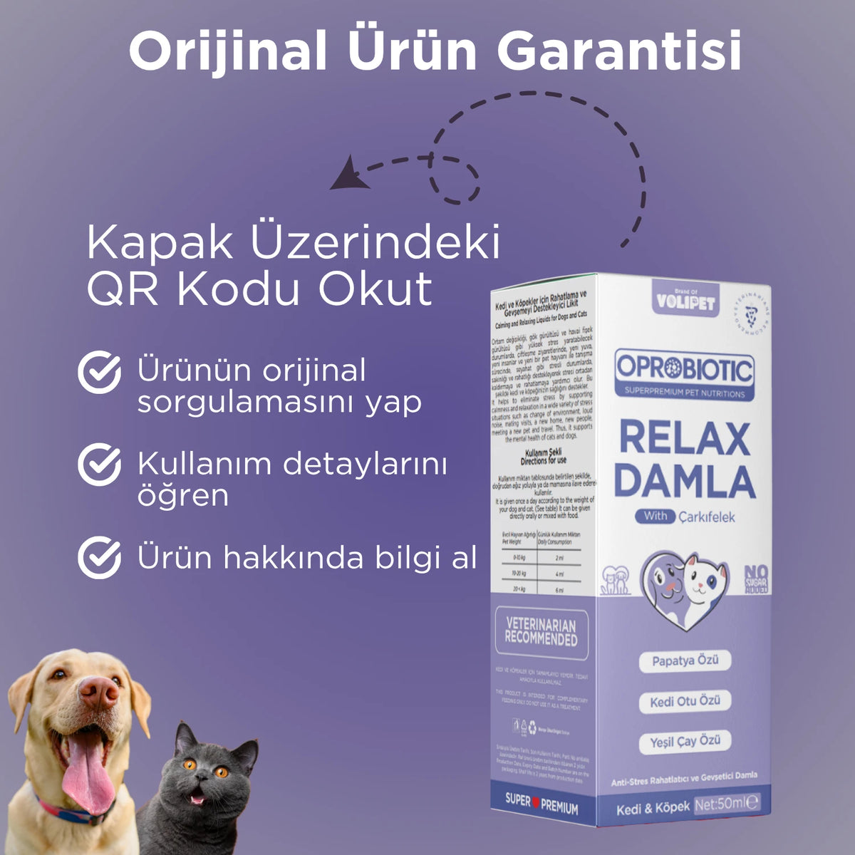 Oprobiotic Relax Damla, Kedi ve Köpekler İçin Anti Stres ve Rahatlatıcı Damla 50ml