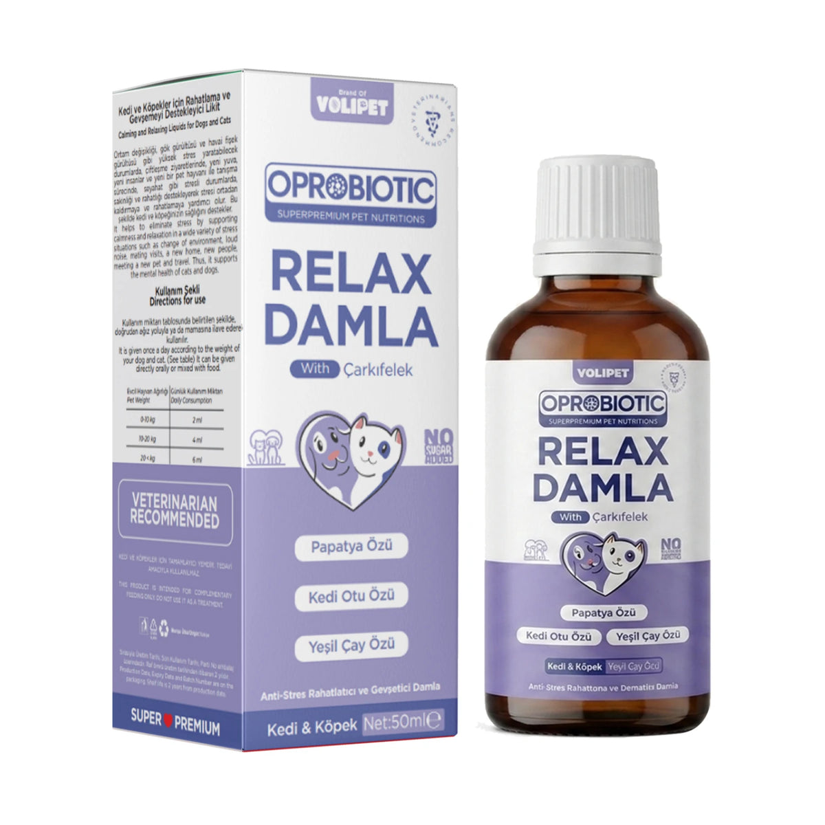 Oprobiotic Relax Damla, Kedi ve Köpekler İçin Anti Stres ve Rahatlatıcı Damla 50ml