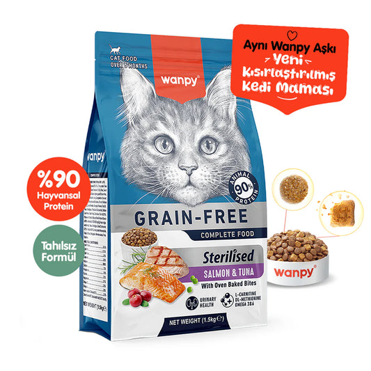 Wanpy Somon ve Ton Balıklı Tahılsız Kısırlaştırılmış Kedi Maması 1,5kg