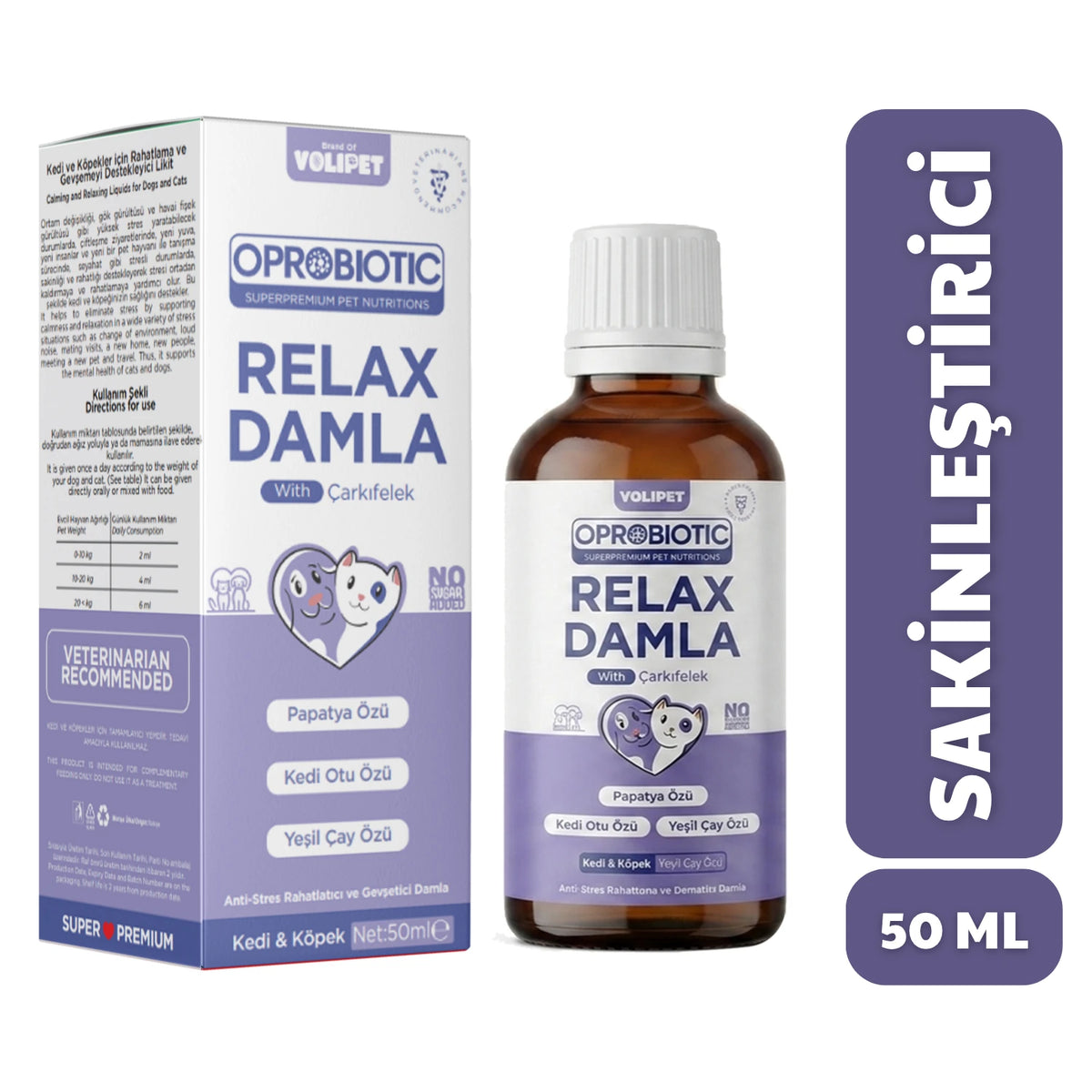 Oprobiotic Relax Damla, Kedi ve Köpekler İçin Anti Stres ve Rahatlatıcı Damla 50ml